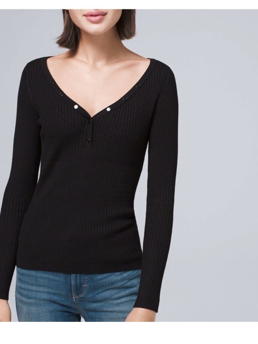 White House Black Market Black Ribbed V-Neck Snap-Button Sweater